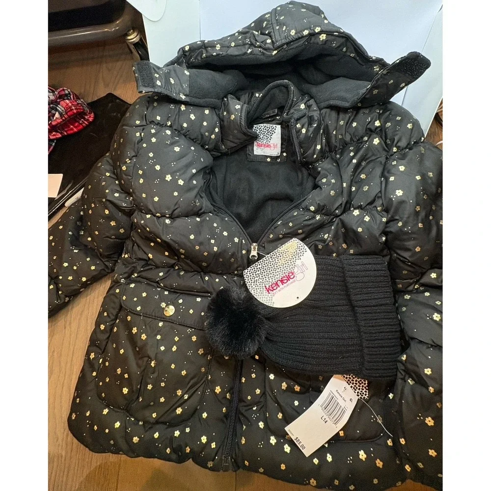 NEW girls size 14 Kensie Girl black puffer hooded jacket with a black beanie hat